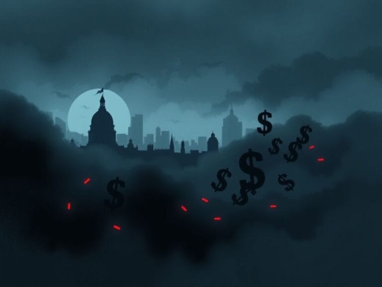 Flick International Dark abstract currency symbols flowing through shadows, representing corruption related to Minnesota tax dollars.