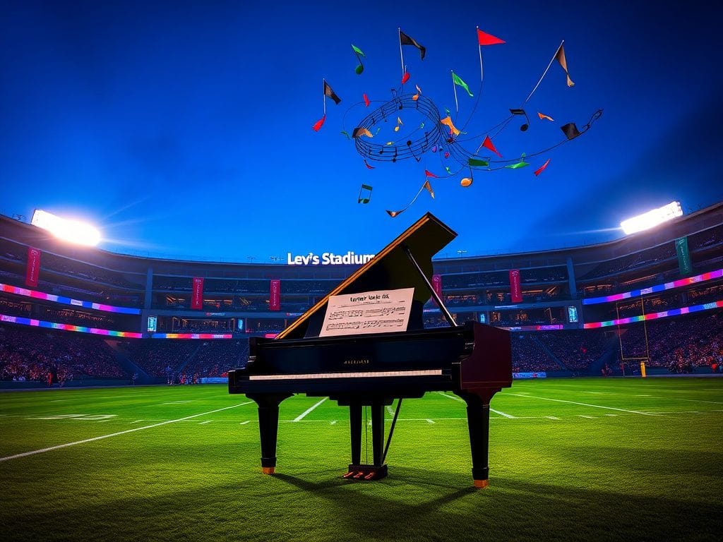 Flick International Vibrant scene of Levi's Stadium illuminated at twilight for Super Bowl LX