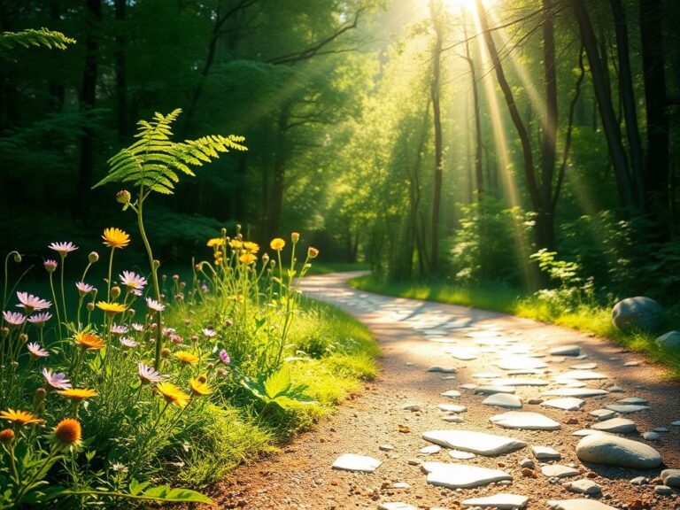 Flick International A serene sunlit path through a lush green forest symbolizing transformation