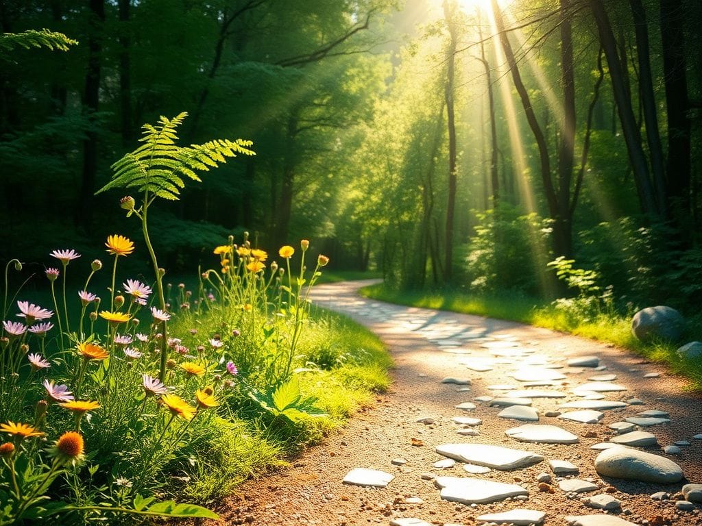 Flick International A serene sunlit path through a lush green forest symbolizing transformation