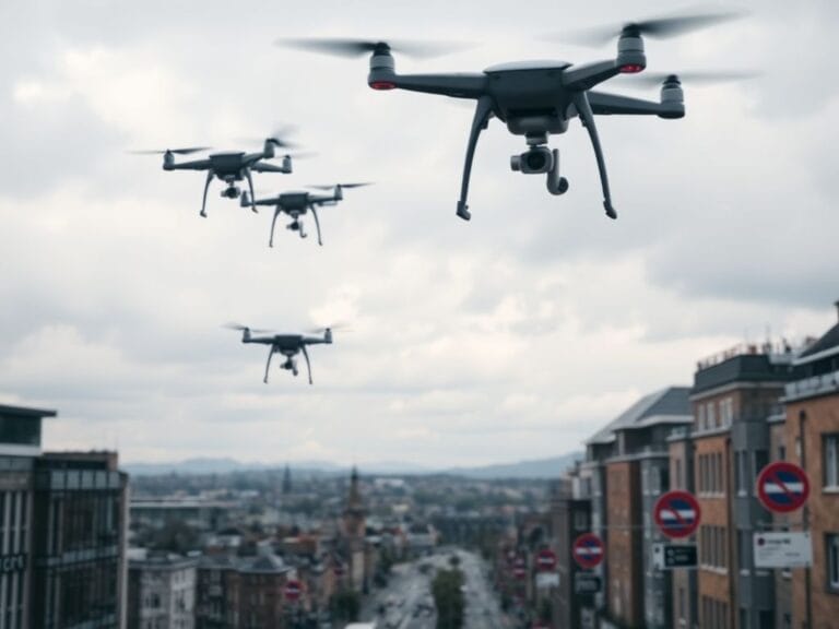 Flick International A panoramic view of an urban landscape in the UK with hovering drones and surveillance cameras.