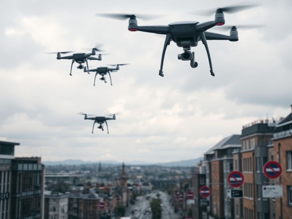 Flick International A panoramic view of an urban landscape in the UK with hovering drones and surveillance cameras.