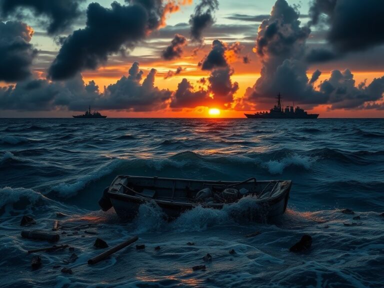 Flick International Dramatic sunset over turbulent Caribbean waters with a destroyed boat and naval ships in the background