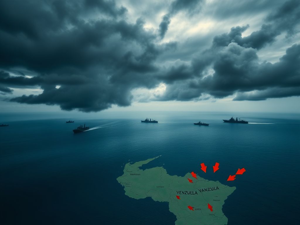 Flick International Aerial view of Caribbean Sea with storm clouds and military aircraft symbolizing tension in Venezuela.