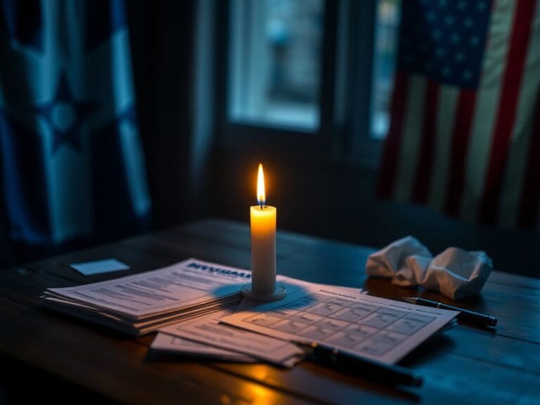 Flick International Close-up of ballots and voting materials on a wooden table with a flickering candle casting shadows.