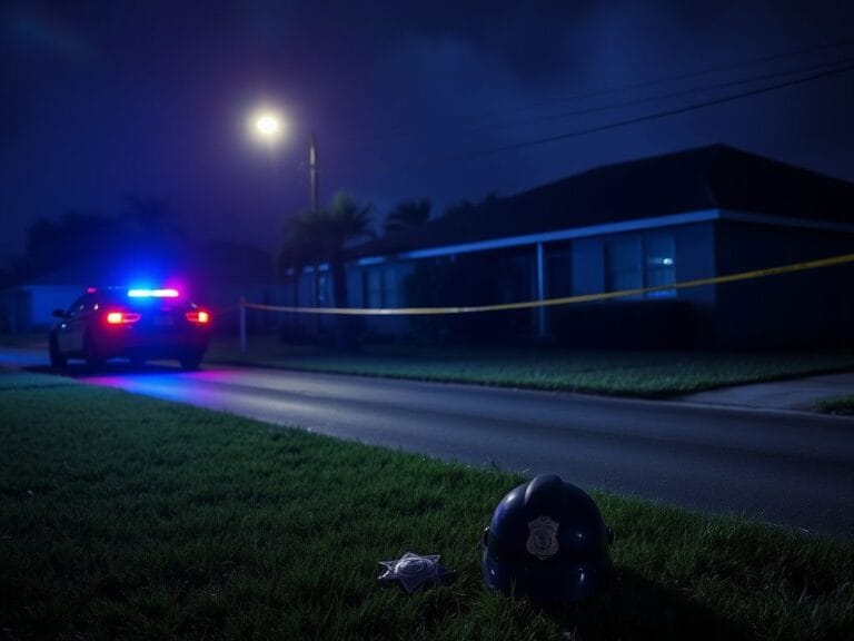 Flick International A police helmet and a fallen badge on the ground at a crime scene in Port St. Lucie, Florida.
