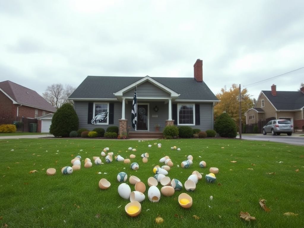 Flick International Suburban house decorated with Philadelphia Eagles memorabilia, showing signs of vandalism after a game.