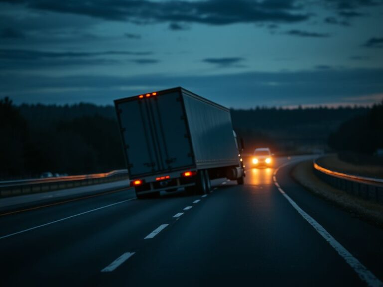 Flick International Semi-truck jackknifed across a two-lane highway at twilight, creating an obstructive scene