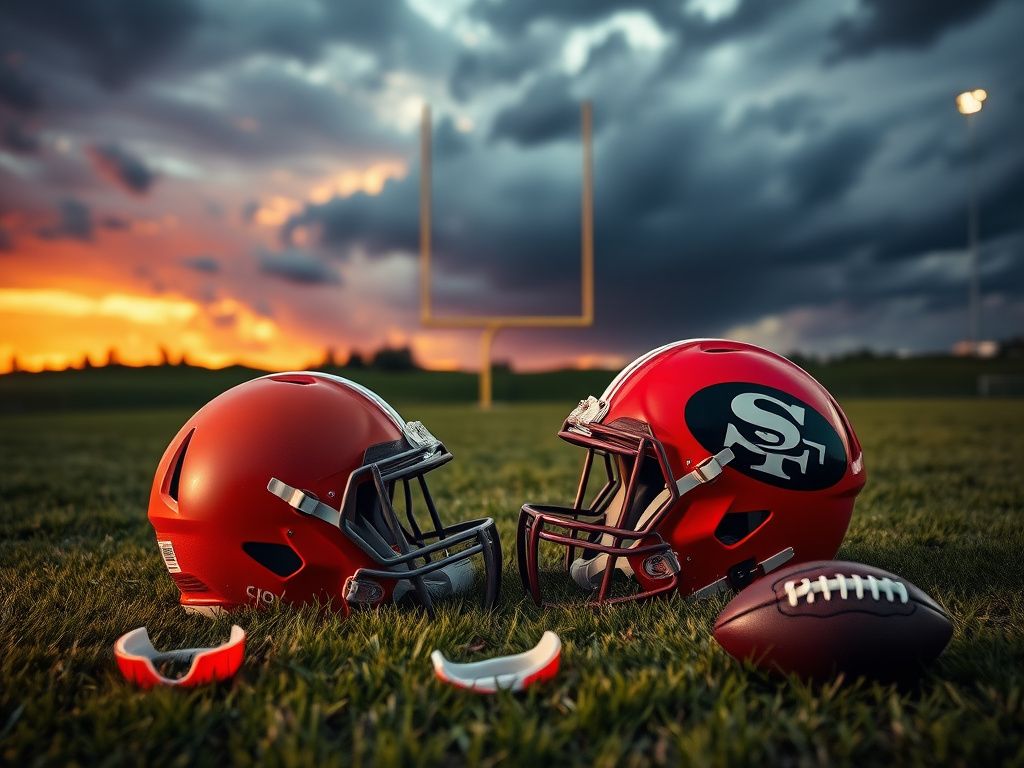 Flick International Cleveland Browns and San Francisco 49ers helmets on a grassy field during a tense football game