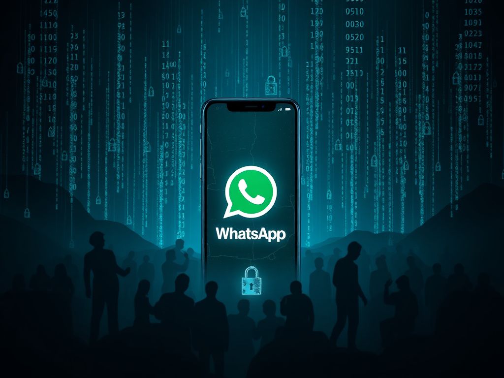 Flick International Digital landscape illustrating data vulnerability with a fragmented smartphone screen and WhatsApp logo.