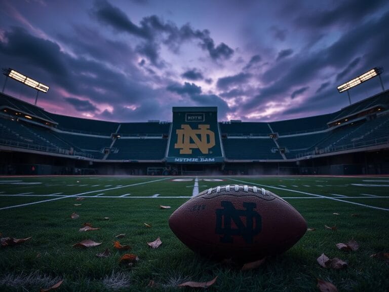 Flick International Empty football stadium at twilight with Notre Dame logo