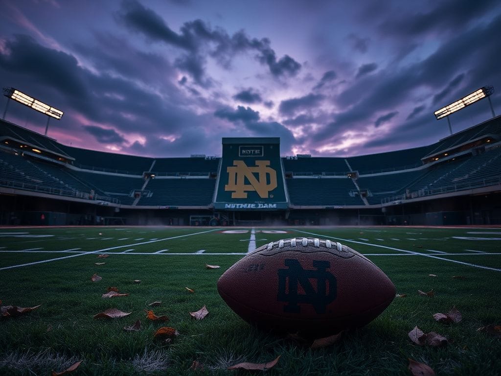 Flick International Empty football stadium at twilight with Notre Dame logo