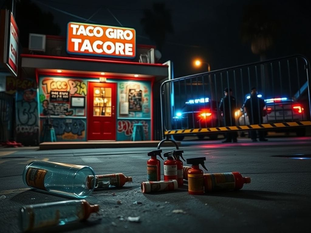 Flick International Urban scene outside Taco Giro restaurant with police presence and chaos depicted