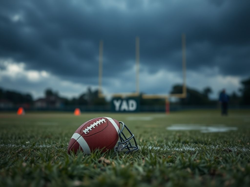 Flick International Abandoned football helmet on a dimly lit football field symbolizing injury and distress