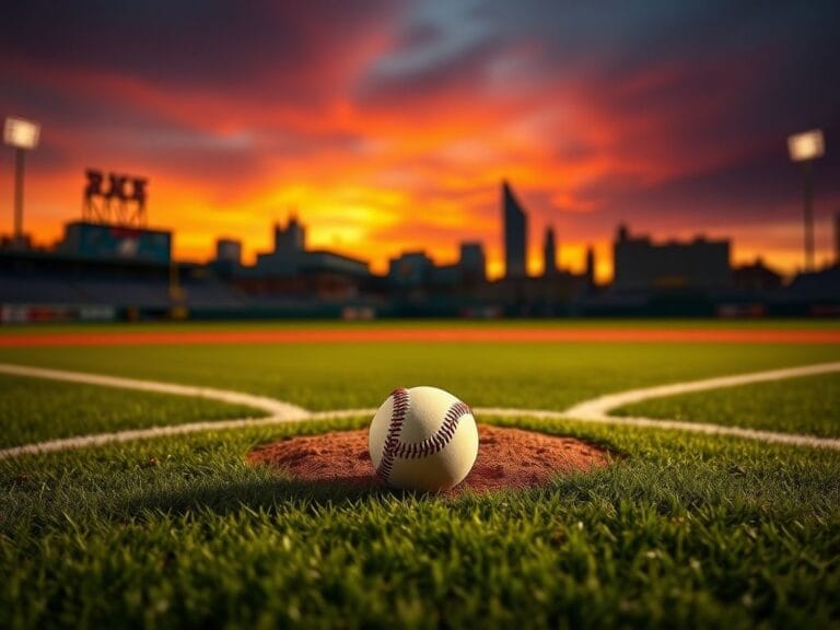 Flick International A dramatic baseball field at sunset with a lone baseball on the pitcher's mound