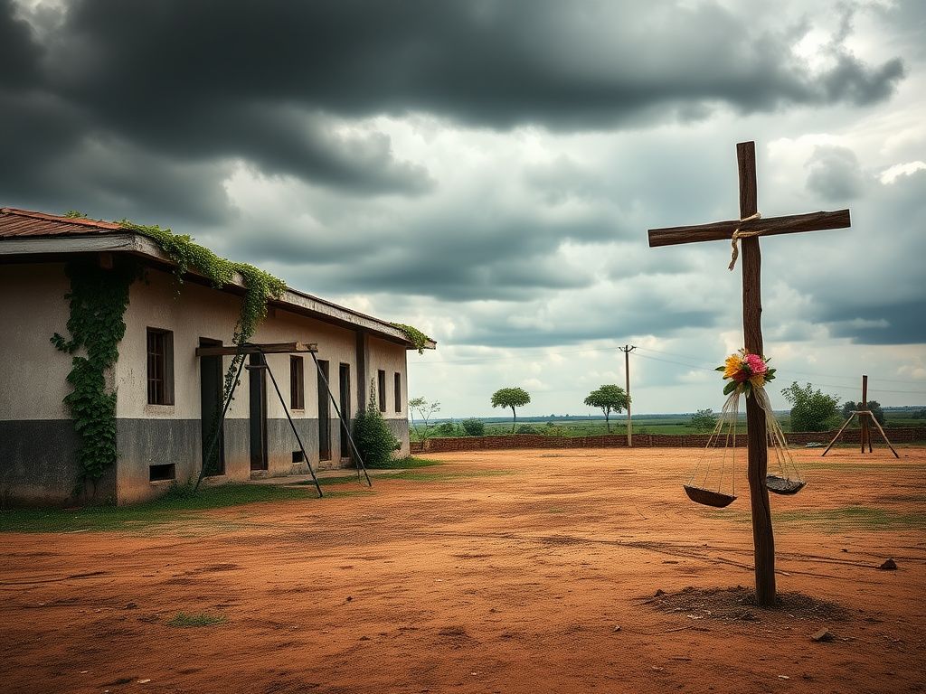Flick International Abandoned St. Mary's School in Niger state with a swing set and wooden cross