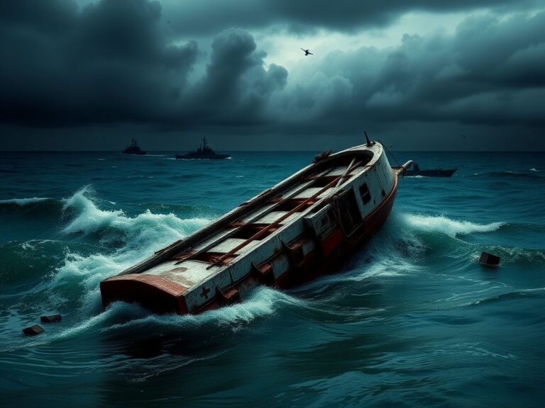 Flick International An overturned drug boat partially submerged in the Caribbean Sea amidst swirling waves and a darkening sky