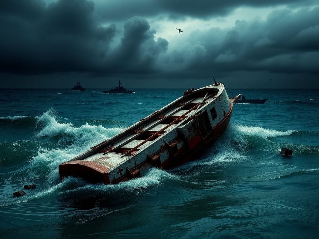 Flick International An overturned drug boat partially submerged in the Caribbean Sea amidst swirling waves and a darkening sky