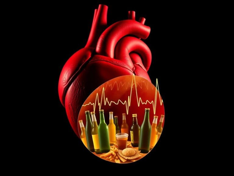 Flick International Close-up of a healthy heart contrasted with visual elements symbolizing beer belly and unhealthy foods