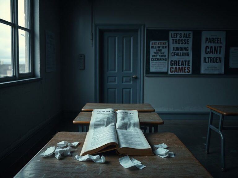 Flick International Empty classroom desk with crumpled papers and a worn-out textbook on antisemitism