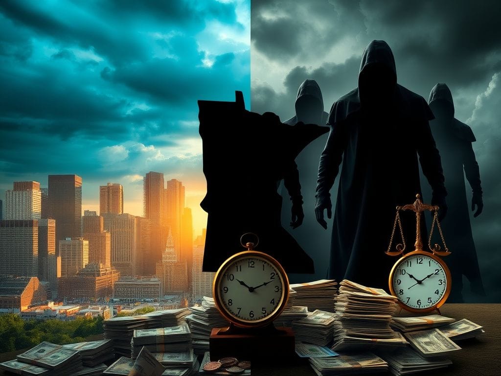 Flick International Contrast between a thriving Minnesota cityscape and symbols of Medicaid fraud