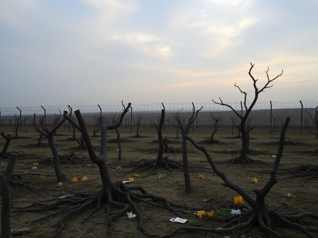 Flick International A somber landscape of a desolate orchard in Kibbutz Be’eri with remnants of fruit trees, symbolizing loss and memory amid conflict.