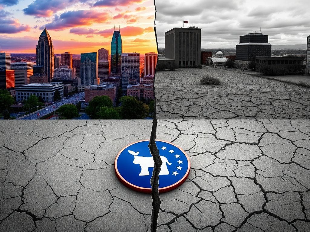 Flick International Split image contrasting Nashville's vibrant urban skyline with a gray, barren landscape symbolizing disillusionment in the Democratic Party