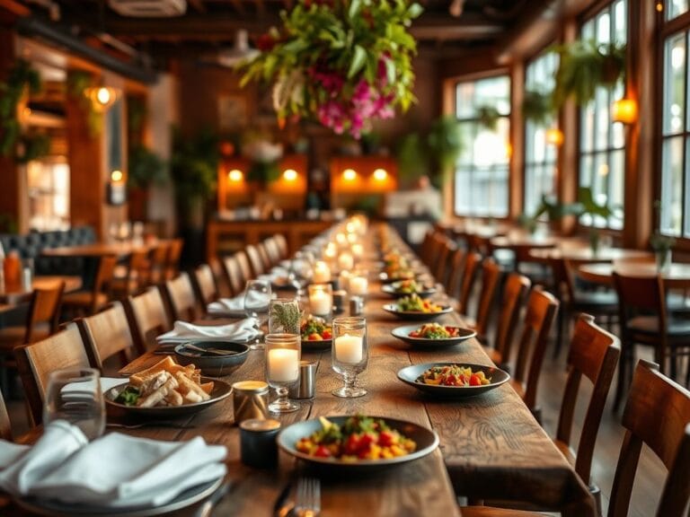 Flick International A cozy communal dining table set with gourmet dishes and warm decor