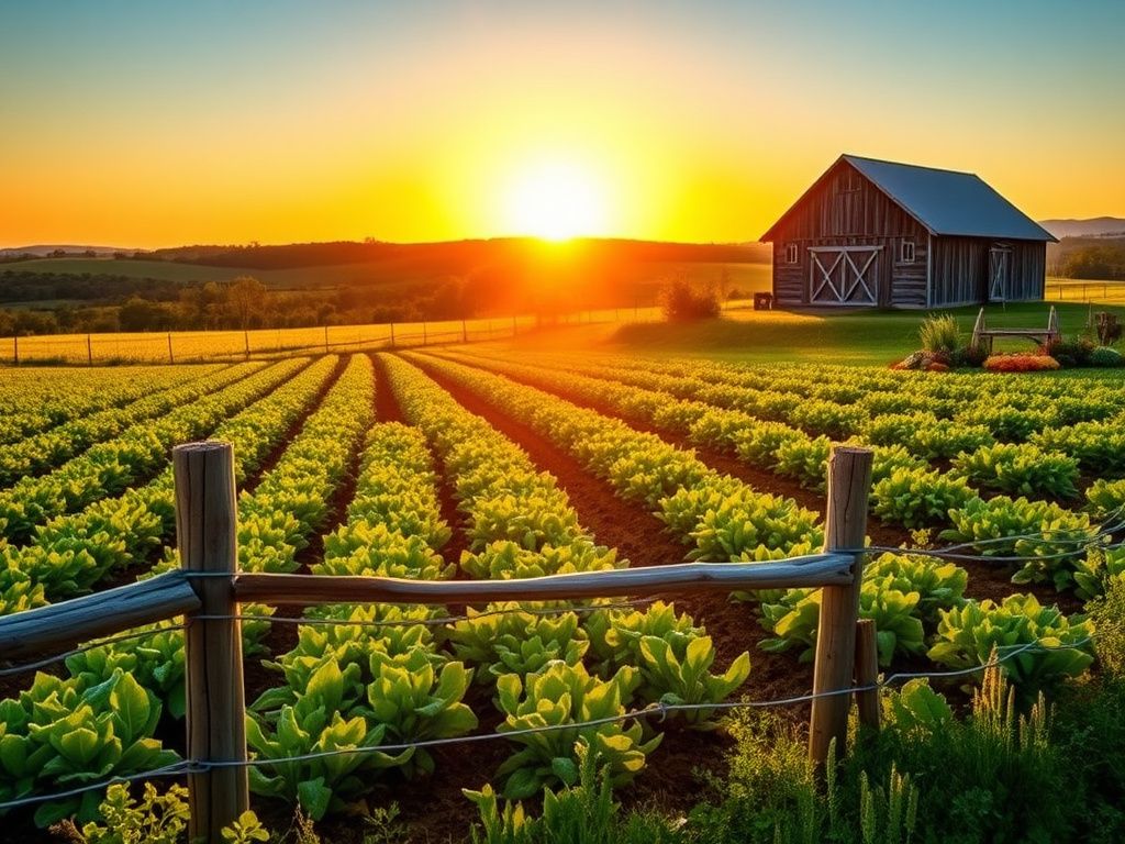 Flick International A serene sustainable farm in Texas with vibrant green crops and a rustic barn at sunset