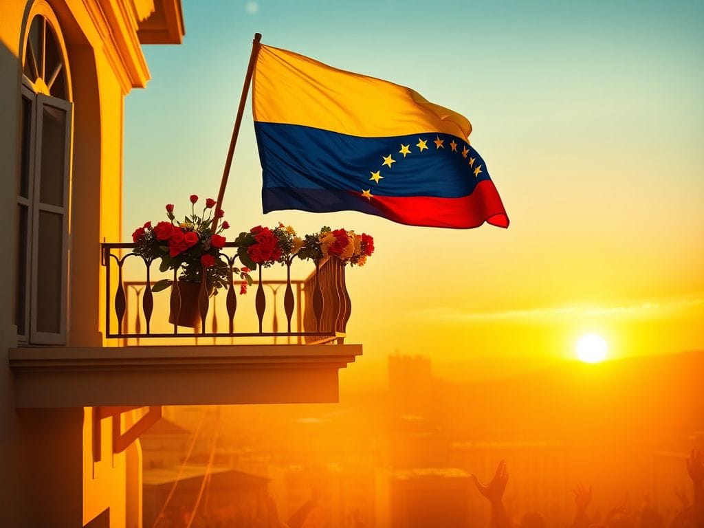 Flick International Vibrant representation of Venezuelan flag colors with Oslo cityscape, symbolizing hope and resilience.