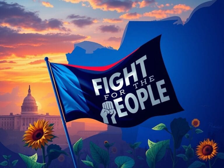 Flick International Abstract political map depicting a divided landscape with vibrant Democratic colors and establishment symbols