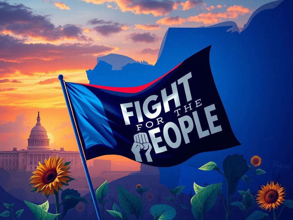 Flick International Abstract political map depicting a divided landscape with vibrant Democratic colors and establishment symbols