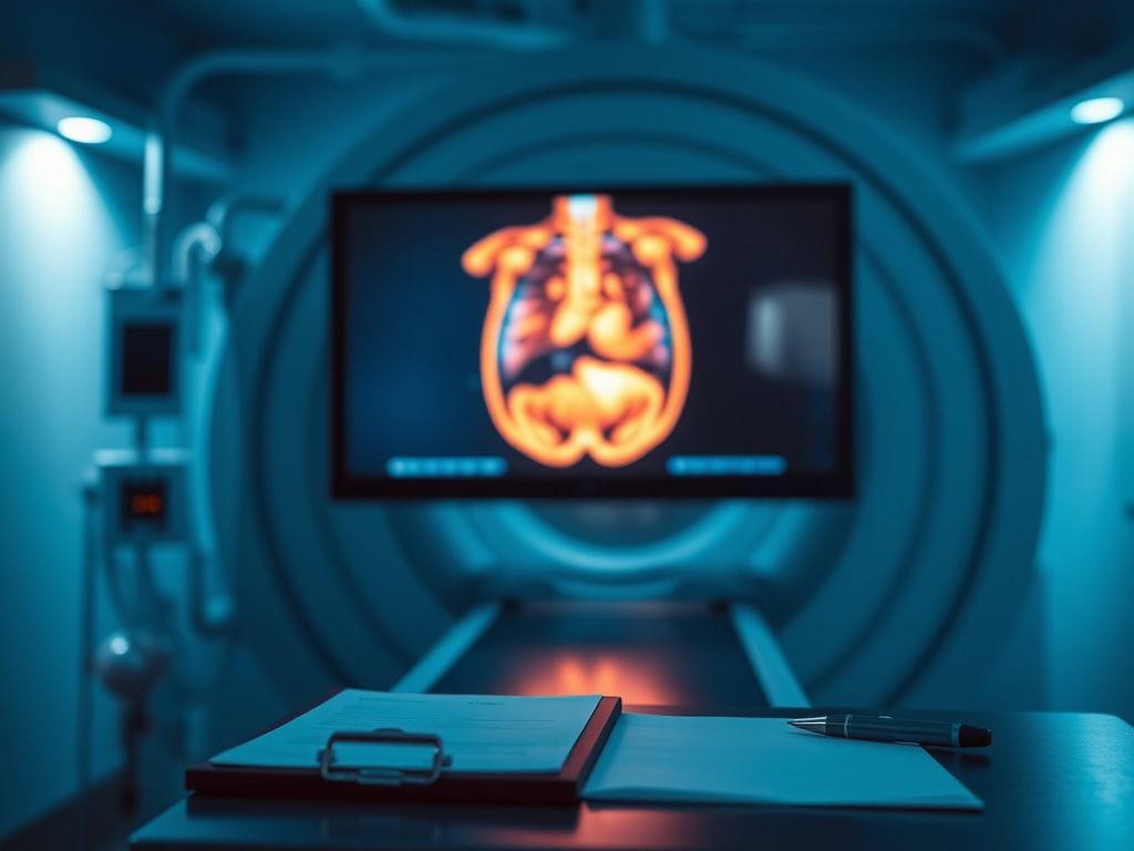 Flick International Close-up view of a medical MRI machine with monitor displaying colorful scan image
