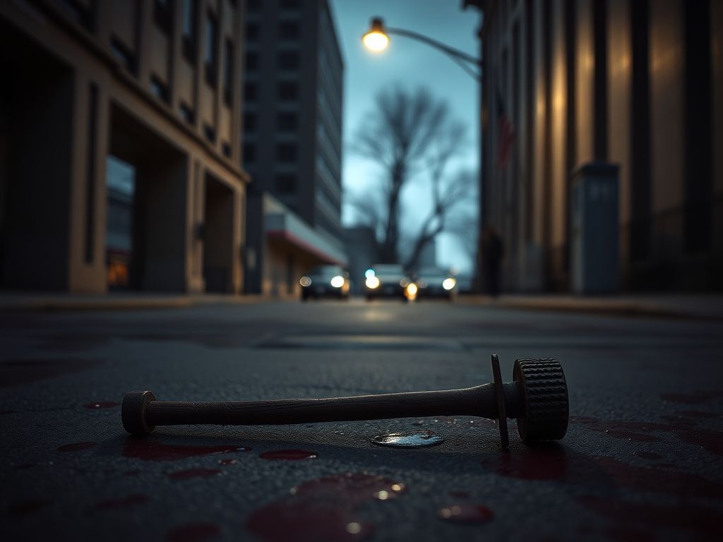 Flick International Dark street scene outside King County Courthouse with a discarded spiked stick