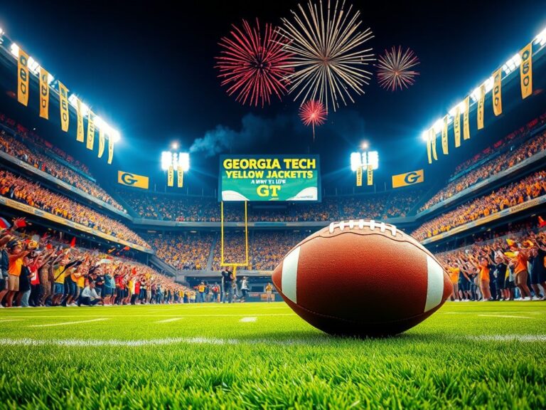 Flick International Vibrant college football stadium filled with cheering fans and Georgia Tech team banners