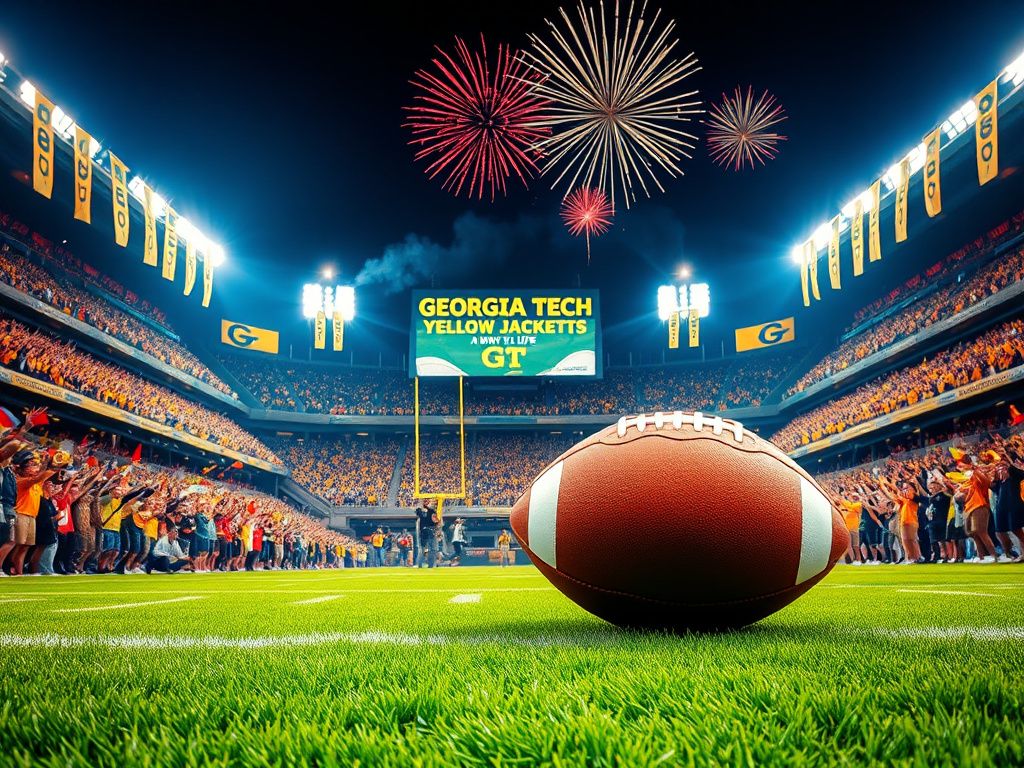 Flick International Vibrant college football stadium filled with cheering fans and Georgia Tech team banners