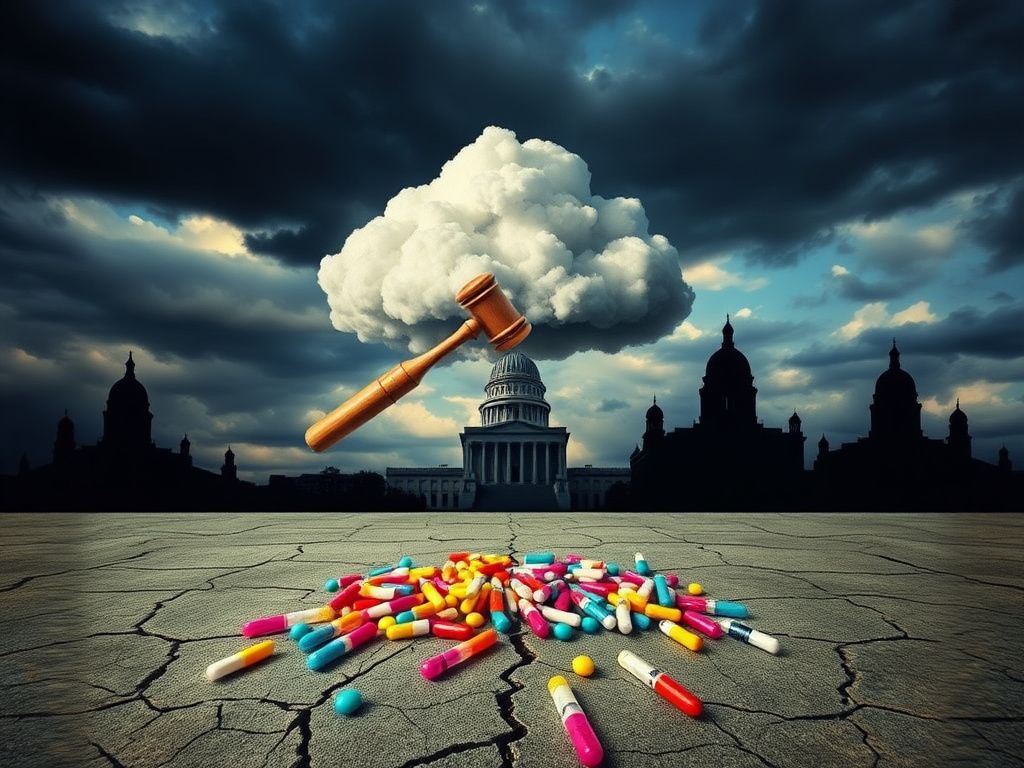 Flick International Symbolic scene depicting a gavel-shaped cloud and fragmented rainbow representing gender transition treatment debate