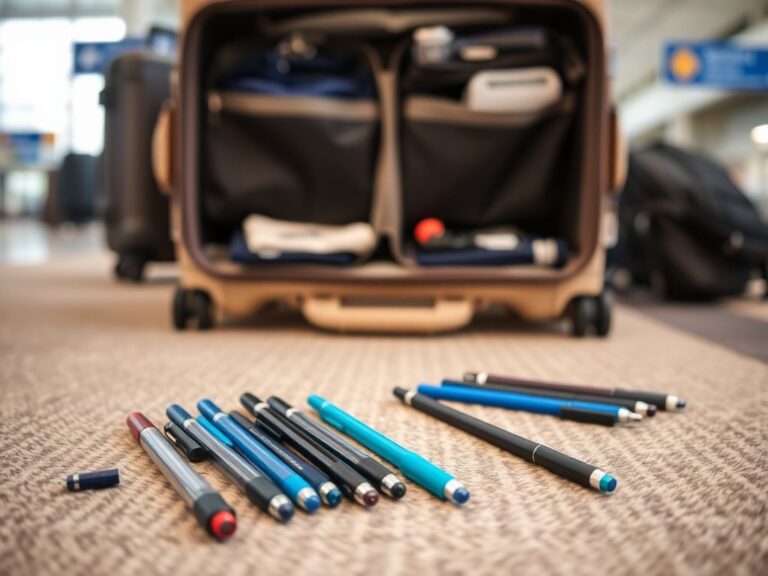 Flick International Close-up of a carry-on suitcase with organized travel essentials and colorful pens.