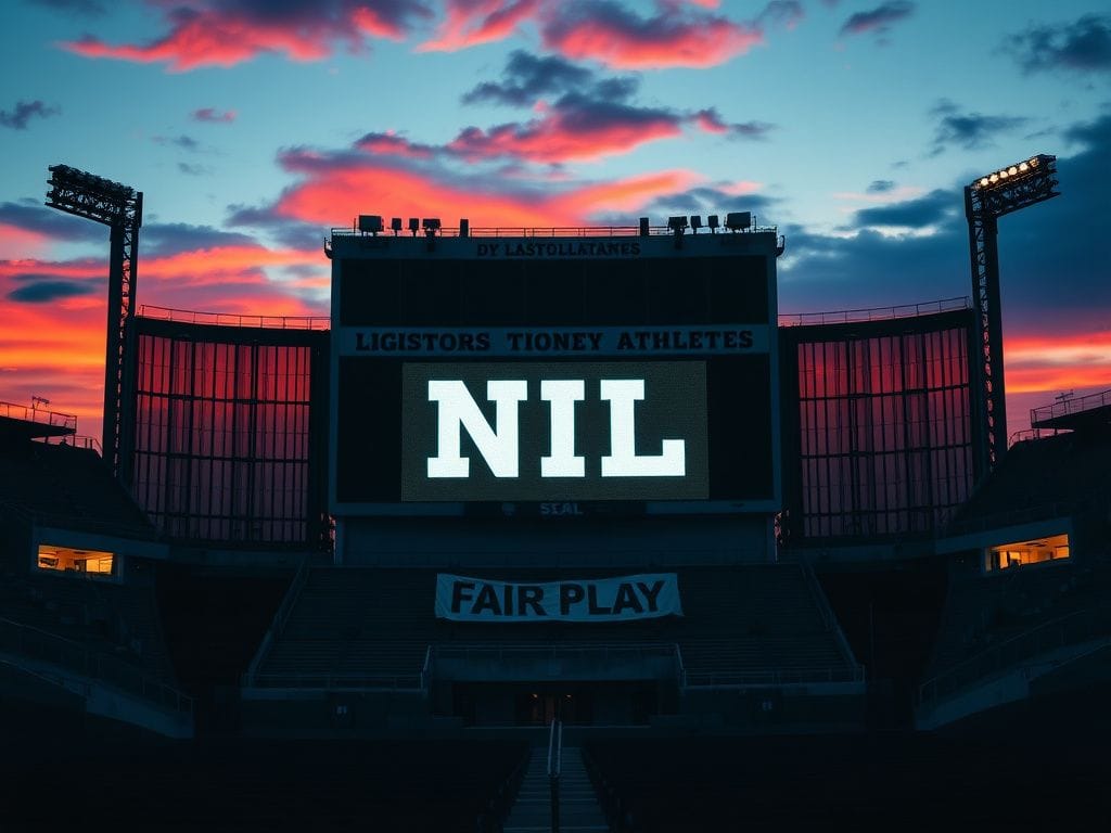 Flick International Empty college football stadium at twilight with a weathered scoreboard displaying 'NIL'