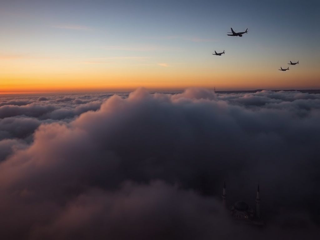Flick International A dramatic aerial view of Ankara, Turkey, captured at sunset with a military jet in the background amidst clouds.