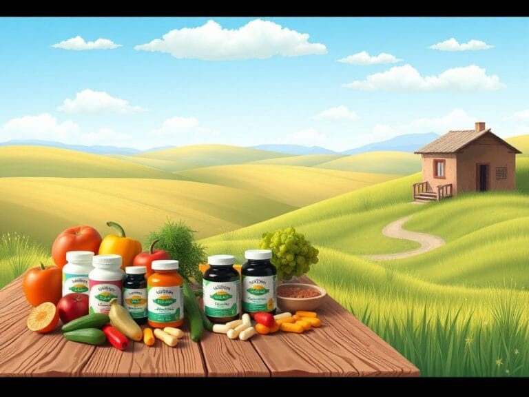 Flick International A serene outdoor scene featuring prenatal vitamins arranged on a rustic table surrounded by fresh fruits and vegetables