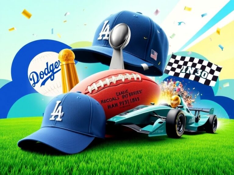 Flick International Collage of MLB, NFL, and IndyCar sports moments featuring Dodgers cap, Super Bowl trophy, and Indy race car