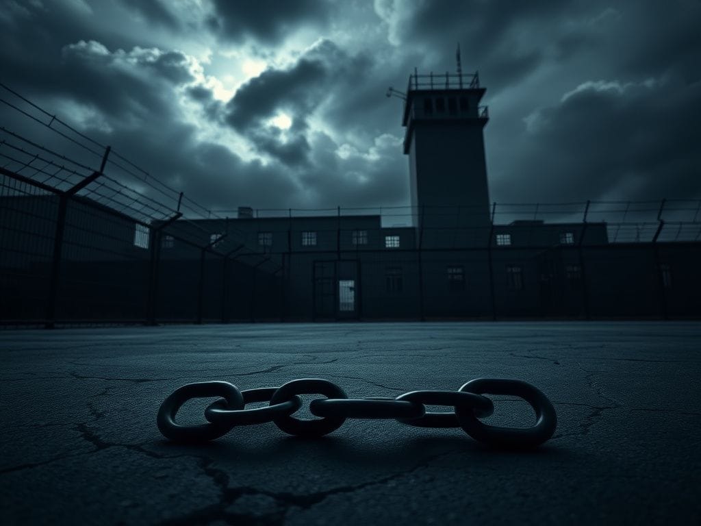 Flick International Dark, imposing view of a maximum-security prison with barbed wire and broken chains symbolizing confinement and yearning for freedom.