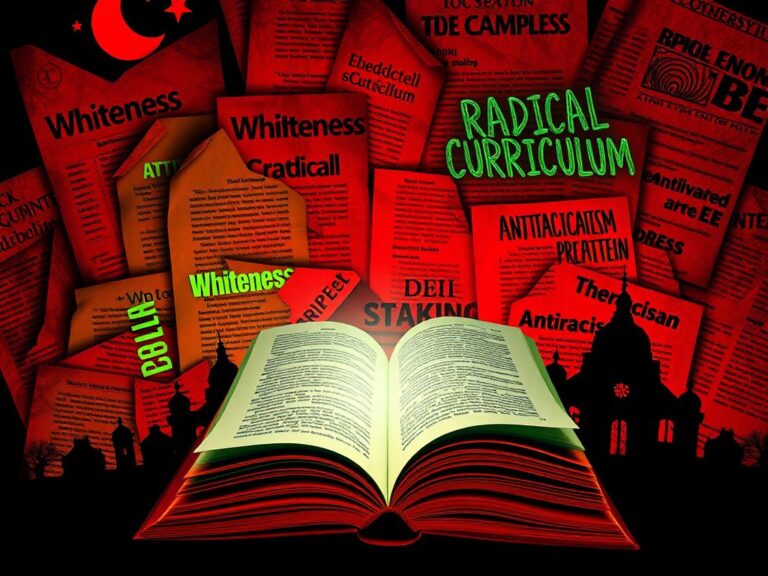 Flick International Abstract composition showcasing controversial educational themes with keywords like 'Whiteness' and 'Radical Curriculum'