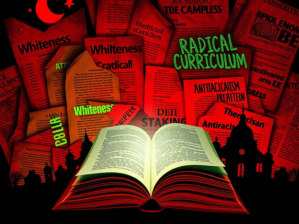 Flick International Abstract composition showcasing controversial educational themes with keywords like 'Whiteness' and 'Radical Curriculum'