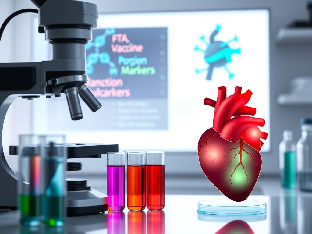 Flick International Laboratory setting illustrating heart research with microscope and colorful protein solutions