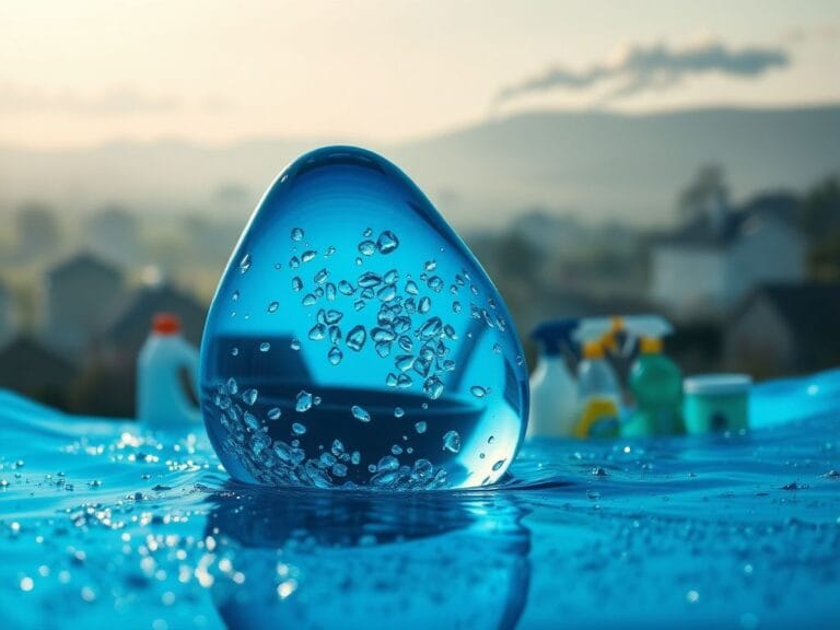 Flick International Close-up of shimmering microplastics in clear blue water droplet, symbolizing environmental contamination