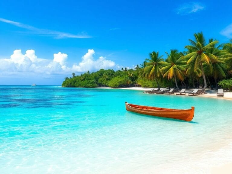 Flick International Serene coastal landscape of Palau with turquoise waters and a traditional canoe