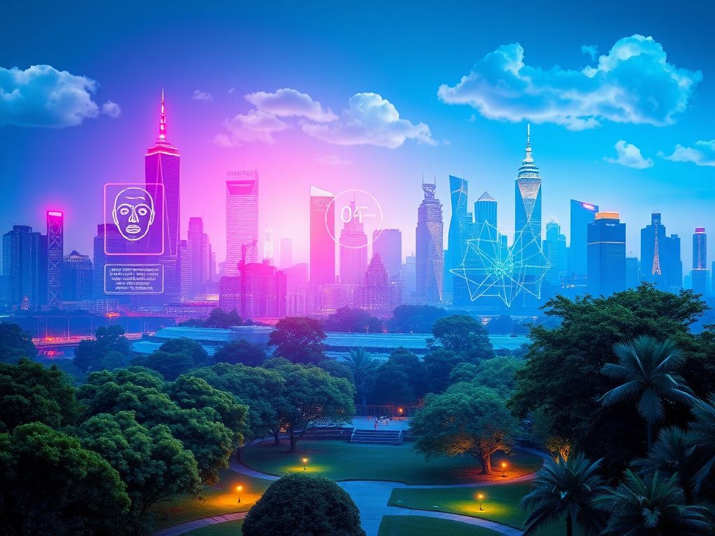 Flick International Futuristic city skyline with neon lights and AI holograms