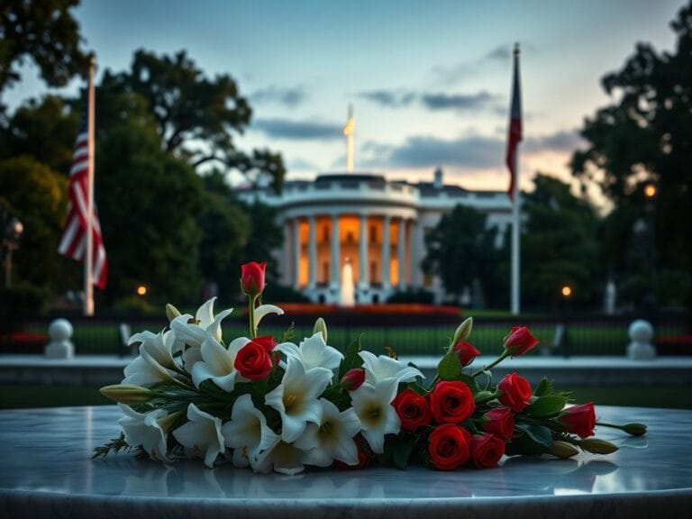 Flick International A solemn scene at the White House with flags at half-mast, featuring a bouquet of white lilies and red roses on a marble table.
